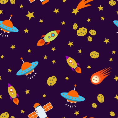Kozmik, pürüzsüz desen. UFO 'lar, kuyruklu yıldızlar, roketler, uydular, asteroitler, meteorlar, yıldızlar. Çocuk odası, kumaş, tekstil, duvar kağıdı, ambalaj için tasarım.