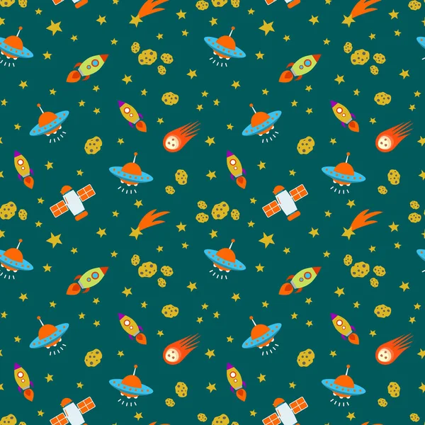 Cosmic seamless pattern. UFOs, comets, rockets, satellites, asteroids, meteorites, stars. Design for decorating a children's room, fabric, textile, wallpaper, packaging.