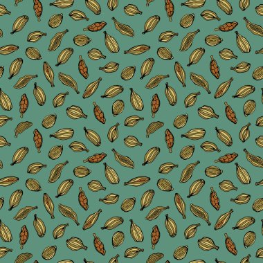 Baharatlı kakule. Yemekle kusursuz desen. Kumaş, tekstil, duvar kağıdı, ambalaj için tasarım.