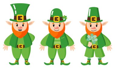 Cüce cinler. Aziz Patrick bayramı için. Düz stil. Beyaz arka plan, tecrit. Vektör illüstrasyonu.