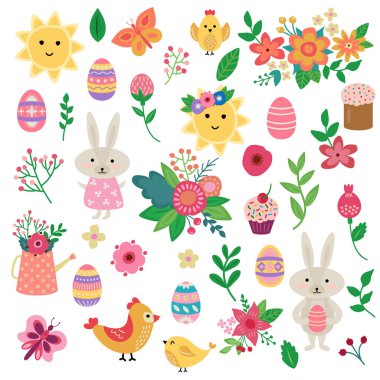 Tatlı yumurtalar, kuşlar, kelebekler, tavşanlar, güneşler, çiçekler, yapraklar, böğürtlenler. El çizimi düz çizgi film elemanları. Vektör illüstrasyonu.