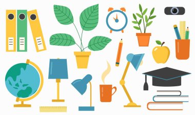 Evde öğrenim görmek için okul malzemeleri. Düz stil. Beyaz arka plan, tecrit. Vektör illüstrasyonu.