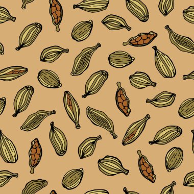 Baharatlı kakule. Yemekle kusursuz desen. Kumaş, tekstil, duvar kağıdı, ambalaj için tasarım.