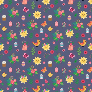 Paskalya deseni kusursuz. Şirin çiçekler, güneşler, kuşlar, yumurtalar ve Paskalya pastası. Tasarımınız için sonsuz dokular.