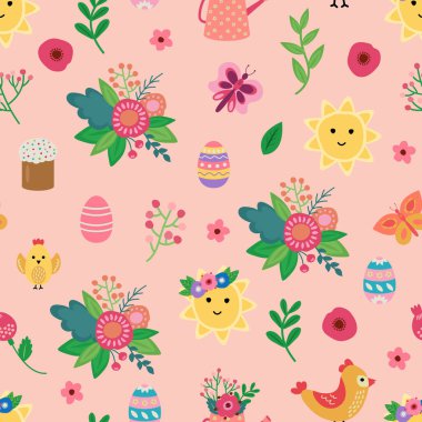 Paskalya deseni kusursuz. Şirin çiçekler, güneşler, kuşlar, yumurtalar ve Paskalya pastası. Tasarımınız için sonsuz dokular.