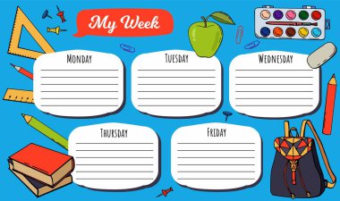 Öğrenciler için haftanın 5 günü için bir ders programı. El çizimi okul temasını içerir.