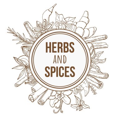 Organik ve doğal eskiz bitkileri ve baharatlarla el çizimi arka plan.