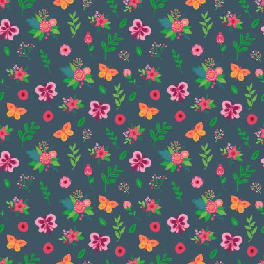 Spring Easter seamless pattern with butterflies and flowers. Hand-drawn style. Vector illustration.