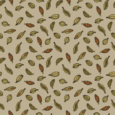 Baharatlı kakule. Yemekle kusursuz desen. Kumaş, tekstil, duvar kağıdı, ambalaj için tasarım.