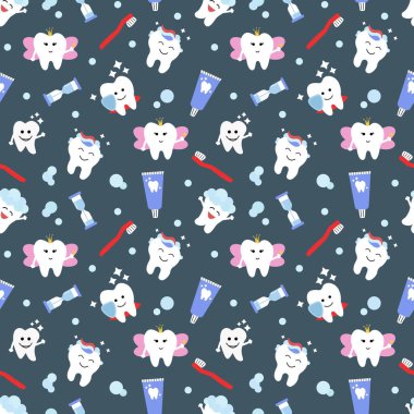 Seamless pattern with cute teeth and objects for dental care on blue background - funny toothpaste, brush, hourglass. Cute Tooth Fairy. Vector illustration.