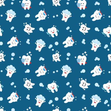 Sağlıklı diş izleri var. Ağız temizliği. Çocukların diş bakımı. Bebek dokusu. Düz dizayn. Mavi arkaplan vektörü illüstrasyonu.