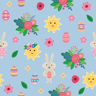 Paskalya. Tavşanlarla, çiçeklerle, güneşlerle, yumurtalarla kusursuz desenler. Elle çizilmiş stil. Vektör illüstrasyonu.