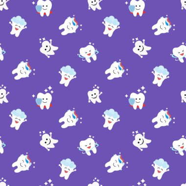 Sağlıklı diş izleri var. Ağız temizliği. Çocukların diş bakımı. Bebek dokusu. Düz dizayn. Mavi arkaplan vektörü illüstrasyonu.