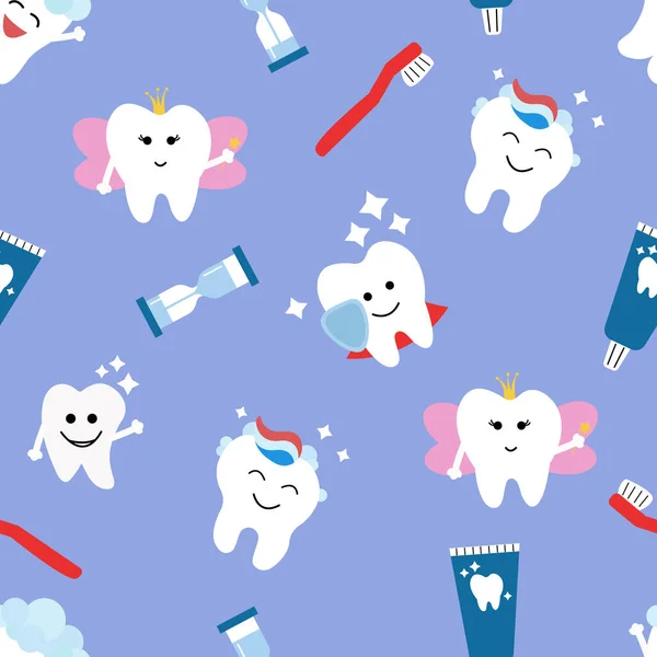 Güzel Dişleri Mor Arka Planda Diş Bakımı Için Objeleri Olan — Stok Vektör