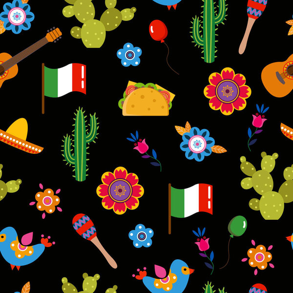 Бесшовный узор с традиционными элементами для праздника Синко-де-Майо. Дизайн ткани, текстиля, обоев, упаковки.