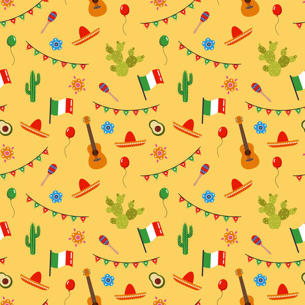 Бесшовный рисунок для праздника Синко де Майо. Сомброро, гитара, маракас, кактус, флаги, авокадо, воздушные шары, цветы.