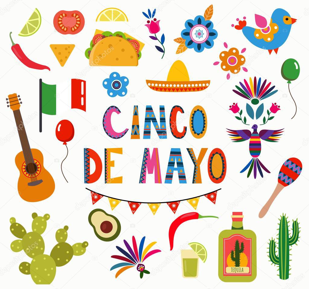 Set for the holiday Cinco de mayo. Hand-drawn flat style. White background, isolate. Vector illustration.