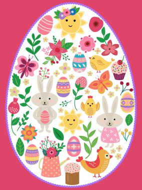 Yumurta şeklinde bir Paskalya kartı. Paskalya öğelerini çizen hoş bir el. Vektör illüstrasyonu.