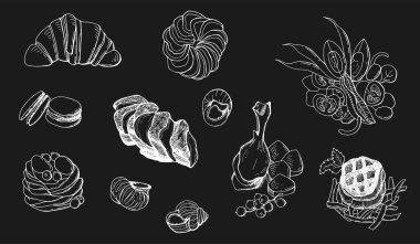 Fransız yemek takımları. Çizgi çalışması. Siyah arkaplan.