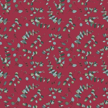 Okaliptüs dikişsiz desen. Elle çizilmiş illüstrasyon. Kumaş, tekstil, duvar kağıdı, ambalaj için tasarım.