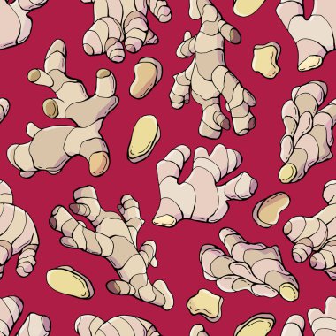 Çizgi film zencefili bütün ve parmak izi tasarımı için pürüzsüz desen. Kumaş ve ambalaj kağıdı için el çizimi eko tasarımı.