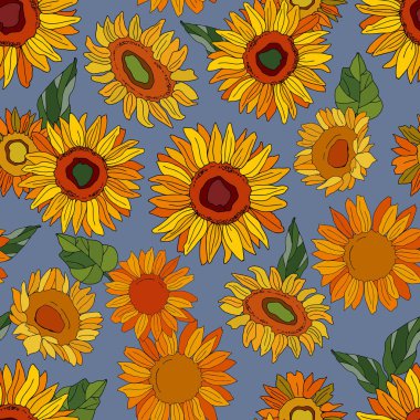 Yapraklı ayçiçekleri. Açık mavi arkaplanda kusursuz desen. Çizgi film tarzı illüstrasyon. Stock Illustration 'da. Tekstil, kumaş, duvar kağıtları, ambalaj, çiçekçilik, web sitesi tasarımı.