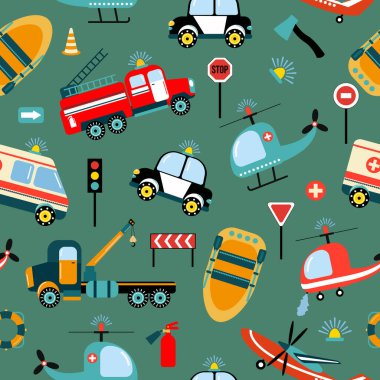 Arabalar kurtarıcıdır. Kurtarma ekipmanlarıyla kusursuz bir düzen. Kumaş, tekstil, duvar kağıdı, ambalaj, çocuk odası dekorasyonu..