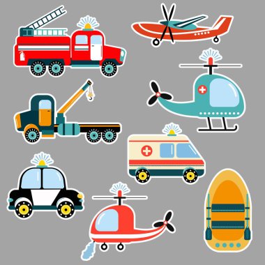 Araba çıkartmaları, kurtarma ekipleri. Çocuklar için illüstrasyon. Düz stil. Vektör illüstrasyonu.