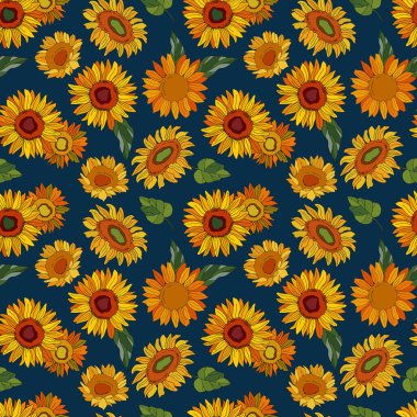 Yapraklı ayçiçekleri. Açık mavi arkaplanda kusursuz desen. Çizgi film tarzı illüstrasyon. Stock Illustration 'da. Tekstil, kumaş, duvar kağıtları, ambalaj, çiçekçilik, web sitesi tasarımı.