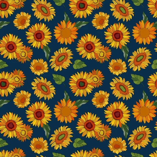 Yapraklı ayçiçekleri. Açık mavi arkaplanda kusursuz desen. Çizgi film tarzı illüstrasyon. Stock Illustration 'da. Tekstil, kumaş, duvar kağıtları, ambalaj, çiçekçilik, web sitesi tasarımı.