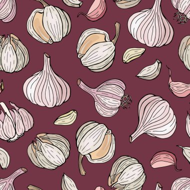 Sarımsaklı, kusursuz bir arka plan. Elle çizilmiş stil. Kumaş, tekstil, duvar kağıdı, ambalaj, kafe tasarımı.