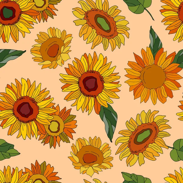 Yapraklı ayçiçekleri. Açık sarı arka planda pürüzsüz desen. Çizgi film tarzı illüstrasyon. Stock Illustration 'da. Tekstil, kumaş, duvar kağıtları, ambalaj, çiçekçilik, web sitesi tasarımı.