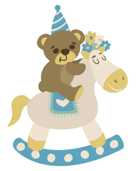 Cute Vector Flat Bear Horseback Boho Childrens Clipart Cartoon Kids — Stock Vector