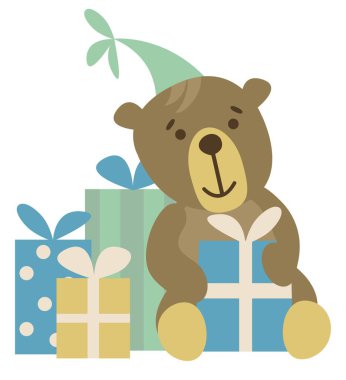 Hediyelerle çizilmiş sevimli bir ayı. Beyaz arka plan, tecrit. Vektör çizimi. Boho tarzı.