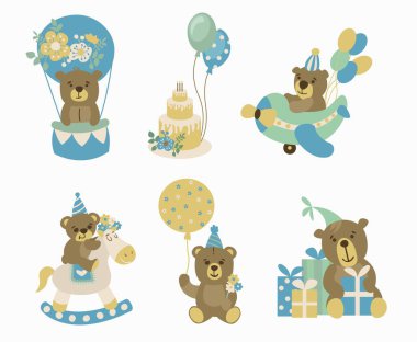 Sevimli el çizimi ayılar. Tebrik çizimleri. Boho tarzı. Beyaz arkaplan, izole et.