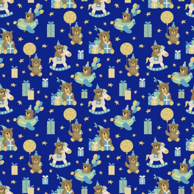 Güzel el çizimi ayılarla kusursuz bir desen. Yıldızlı gece gökyüzü. Çocuk odası, duvar kağıdı, kumaş, ambalaj için tasarım.