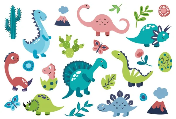 Set Simpatici Dinosauri Disegnati Mano Fondo Bianco Isolate Illustrazione Vettoriale — Vettoriale Stock