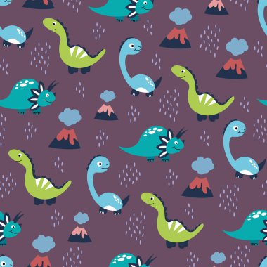 Güzel el yapımı dinozorlarla kusursuz bir desen. Kumaş, tekstil, duvar kağıdı, ambalaj, çocuk odası dekorasyonu..