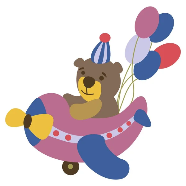 Cute Hand Drawn Teddy Bear Flies Plane Balloons Boho Style — Stock Vector