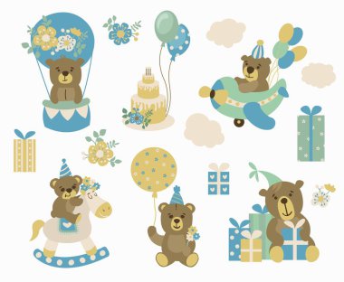 Sevimli el çizimi ayılar. Tebrik çizimleri. Boho tarzı. Beyaz arkaplan, izole et.