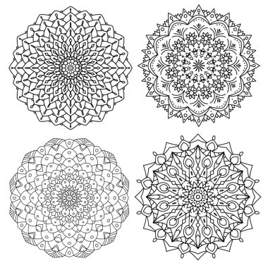 Henna, Mehndi, dövme, dekorasyon için mandala şeklinde dairesel desen. Güzel gevşeme siyah beyaz süs. Boyama kitabı sayfası.