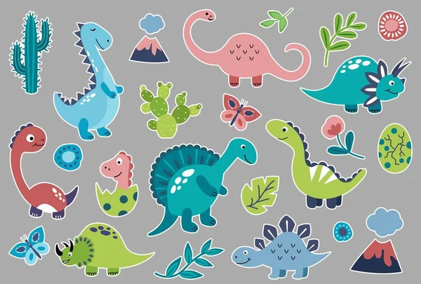 Paquete Pegatinas Dinosaurios Estilo Dibujado Mano Ilustración Vectorial — Archivo Imágenes Vectoriales