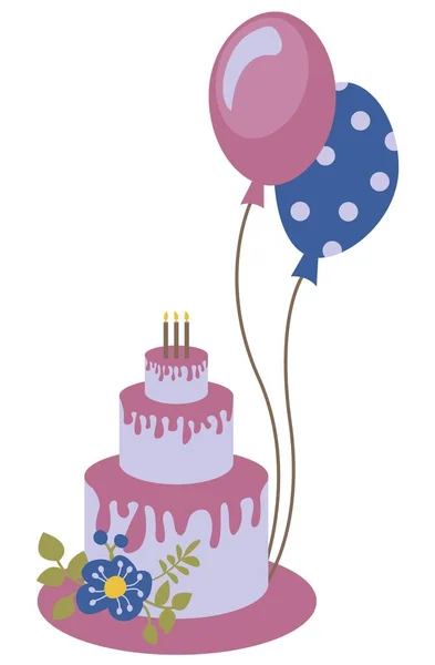 Torta Cumpleaños Dibujada Mano Con Globos Fondo Blanco Aislado Vector — Archivo Imágenes Vectoriales