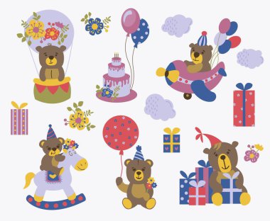  Sevimli el çizimi ayılar. Tebrik çizimleri. Boho tarzı. Beyaz arkaplan, izole et.