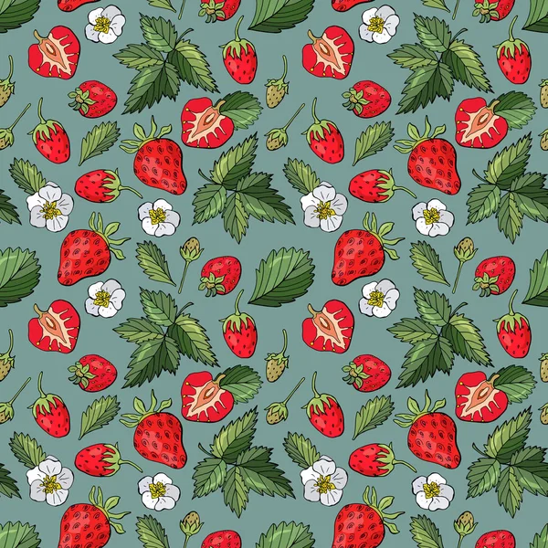 Fruchtnahtloses Muster Erdbeerblätter Und Beeren Design Für Stoffe Textilien Tapeten — Stockvektor