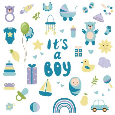 Oğlan oldu. Bir bebeğin doğumu için el yapımı elementler. Beyaz arka plan, tecrit. Vektör illüstrasyonu.