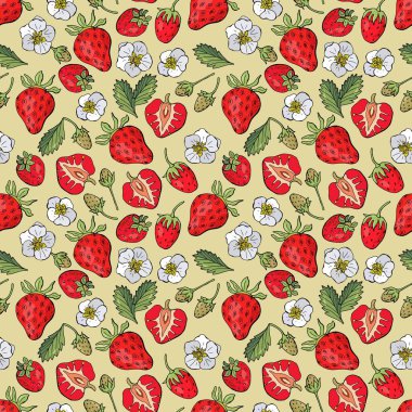 Meyvesiz, dikişsiz desen. Çilek yaprakları, çiçekler ve böğürtlen. Kumaşlar, tekstil, duvar kağıtları, ambalajlar, kafeler için tasarım.