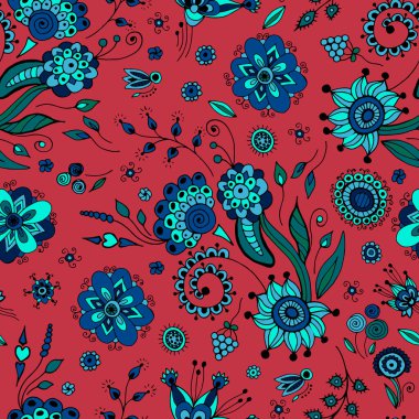 Elle çizilmiş kusursuz bir çiçek süsü. Kumaş, tekstil, duvar kağıdı, ambalaj için tasarım.