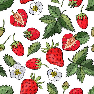 Çilekli kusursuz desen. Elle çizilmiş stil. Kumaşlar, tekstil, duvar kağıtları, ambalajlar, kafeler için tasarım.