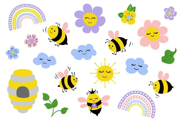 Mignon Ensemble Abeilles Dessinées Main Fleurs Nuages Fond Blanc Isoler — Image vectorielle